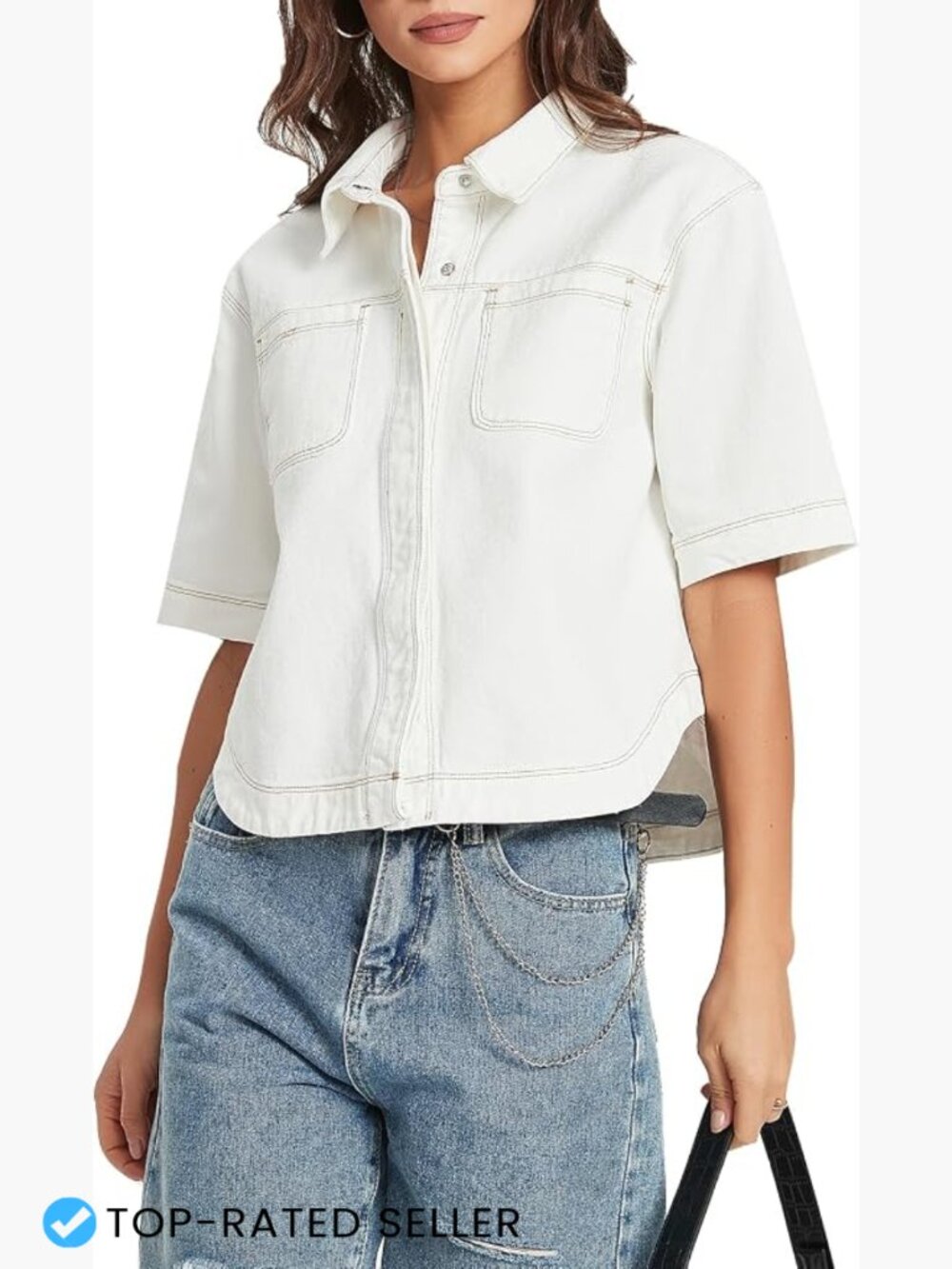 Women's Denim Shirt Short Sleeve Button Down Casual Jean Top Oversized Shacket